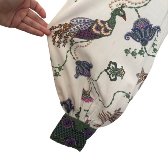 Loft Peacock Print Button Down Blouse Balloon Sleeve White Green Size‎ Large - Picture 3 of 7